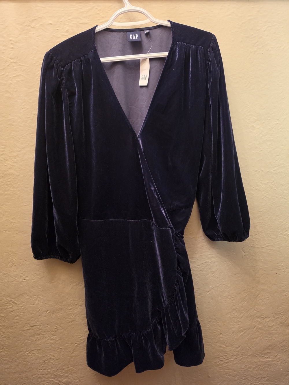 GAP NWT XL Deep Navy Wrap Mini Dress Balloon Sleeve Ruffle Hem